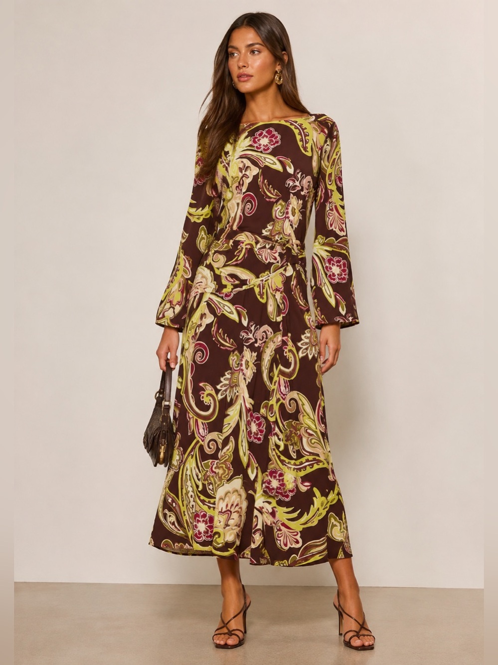 NWOT Zara Paisley-Print Long Sleeve Midi Dress in Brown and Lime